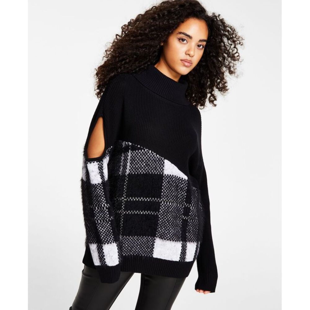 Bar III Plaid Cutout Turtleneck Sweater